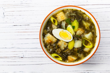 Russian Potato, Spinach, and Sorrel Soup. Selective focus.