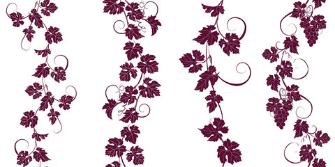 Set of seamless ornaments with vines of grapes. - obrazy, fototapety, plakaty