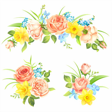 Floral decorative elements with roses and spring flowers. Vector set.