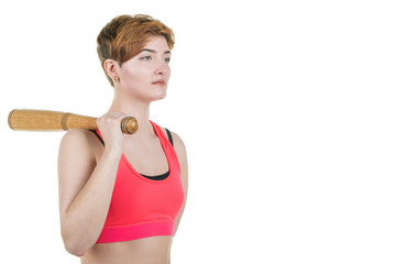 Healthy lifestyle, sport. A young girl is holding a baseball bat, on a white background. Horizontal frame