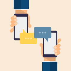 Message icons and smartphones. Hand holds the smartphone. Modern Flat design illustration.