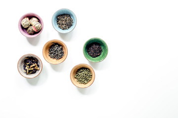 Different kinds of herbal tea on white background top view mockup