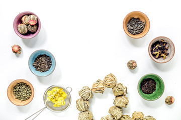 Different kinds of herbal tea on white background top view mockup
