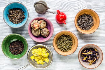 herbal and green tea for tea-house gray wooden desk background flat lay pattern