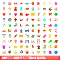 100 children birthday icons set, cartoon style