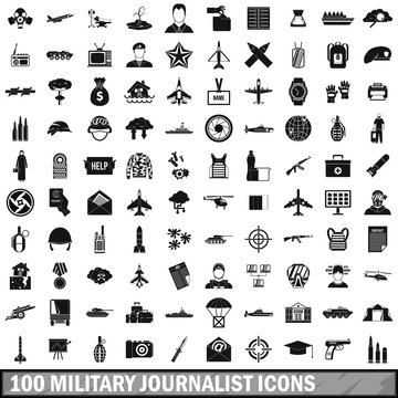 100 military journalist icons set, simple style 