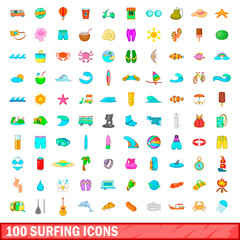100 surfing icons set, cartoon style