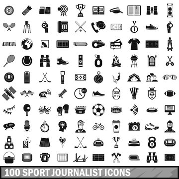 100 sport journalist icons set, simple style 