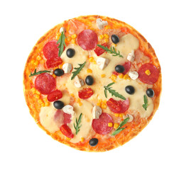 Freshly baked pizza on white background
