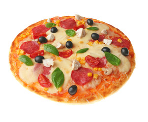 Freshly baked pizza on white background