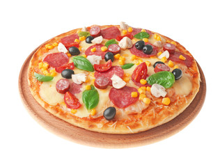 Freshly baked pizza on white background