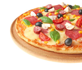 Freshly baked pizza on white background