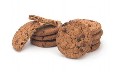 Oatmeal cookies with chocolate on a white background