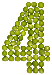 Arabic numeral 4, four, from green peas, isolated on white background