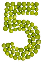 Arabic numeral 5, five, from green peas, isolated on white background