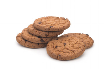 Oatmeal cookies with chocolate on a white background