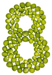 Arabic numeral 8, eight, from green peas, isolated on white background