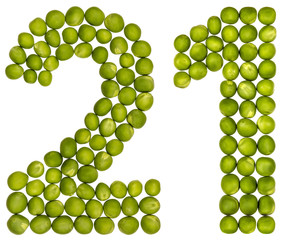 Arabic numeral 21, twenty one, from green peas, isolated on white background