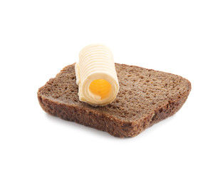 Slice of bread with butter curl on white background