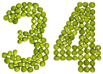 Arabic numeral 34, thirty four, from green peas, isolated on white background