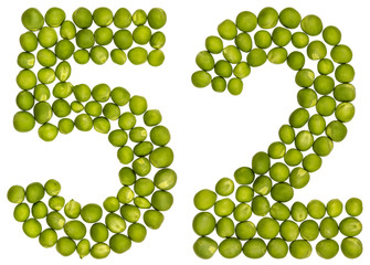 Arabic numeral 52, fifty two, from green peas, isolated on white background