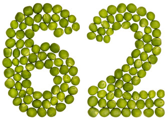 Arabic numeral 62, sixty two, from green peas, isolated on white background