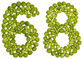 Arabic numeral 68, sixty eight, from green peas, isolated on white background