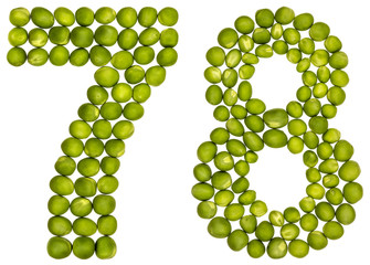 Arabic numeral 78, seventy eight, from green peas, isolated on white background