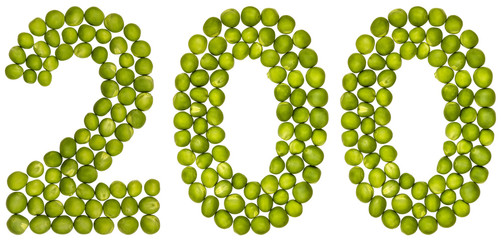Arabic numeral 200, two hundred, from green peas, isolated on white background