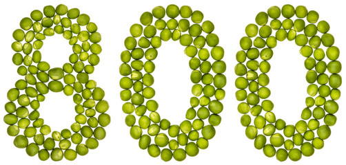 Arabic numeral 800, eight hundred, from green peas, isolated on white background
