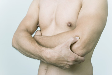 Naklejka premium Model The Do In is an automassage technique of chinese origin, then imported in Japan This technique is based on the pressure of certains points (acupressure) aiming at correcting body disorders Pressure of the point Large intestine 11 Aim : relieve tendinites