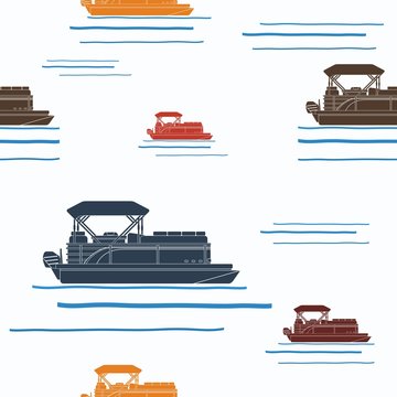 Editable Side View Flat Style Pontoon Boat Vector Illustration with Various Colors as Seamless Pattern for Creating Background of Transportation or Recreation Related Design