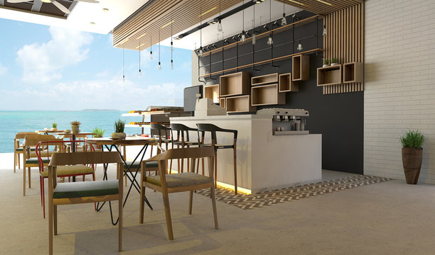 Restaurant and shop interior with sea view and blue sky-3d render