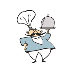 chef hold tray food. vector illustration 