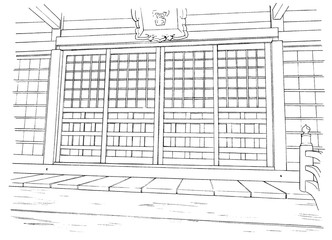 漫画風ペン画イラスト　神社
