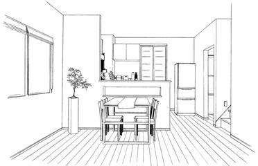 漫画風ペン画イラスト　リビング