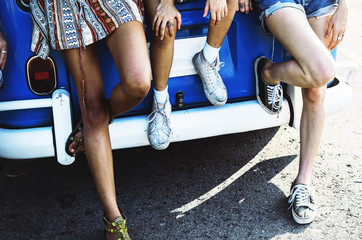 Group of Diverse Friends Travel on Road Trip Together