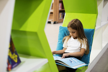 Young Girl Reading Children Story Book in Library