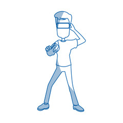 guy character wearing vr helmet standing vector illustration