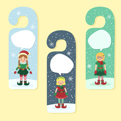 Merry Christmas theme door hanger greeting card Elf Elves Girl on snow background.