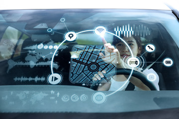 futuristic vehicle and graphical user interface(GUI). intelligent car. connected car. Internet of...
