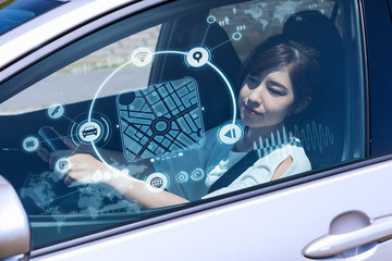 futuristic vehicle and graphical user interface(GUI). intelligent car. connected car. Internet of Things. Heads up display(HUD).