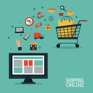 colorful poster shopping online with desktop computer and shopping cart vector illustration