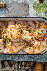Seasoning chicken legs in the summer garden for grill