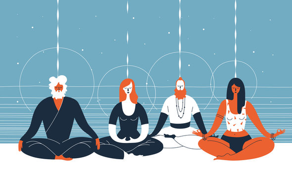 Four people sit with closed eyes and crossed legs and meditate against abstract blue background with horizontal lines and circles. Concept of group spiritual practice. Vector illustration for banner.