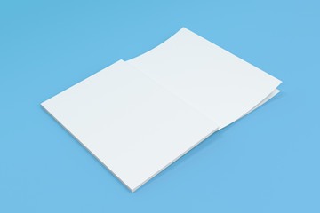 Mockup of blank white open brochure lying with cover upside on blue background