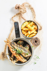 Roasted herring fish with salt and herbs on white background