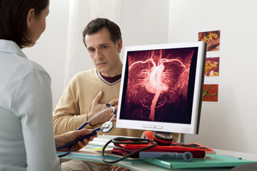 Models On screen, cardiac angiography (healthy) - obrazy, fototapety, plakaty