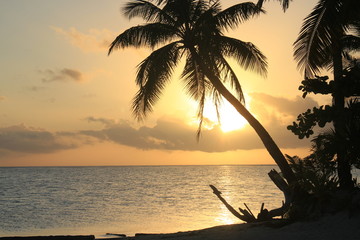 南の島タヒチのビーチで黄金の夕日と夕焼け Golden Sunset in Tahiti paradise