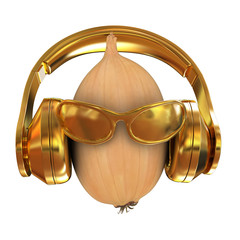 Ripe onion with gold sun glass and gold headphones front "face" on a white background